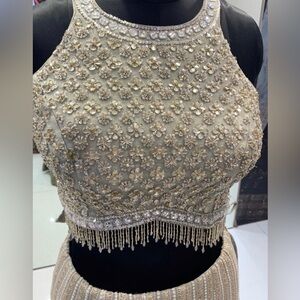 Embellished Silver beaded and gemstone Lengha Set